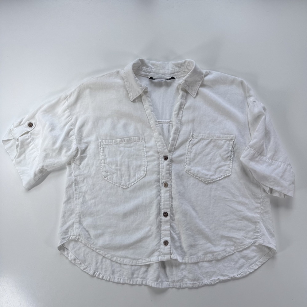 ZARA Cropped Lightweight Breathable Button Up Shirt Boxy Top Womens White Linen?
